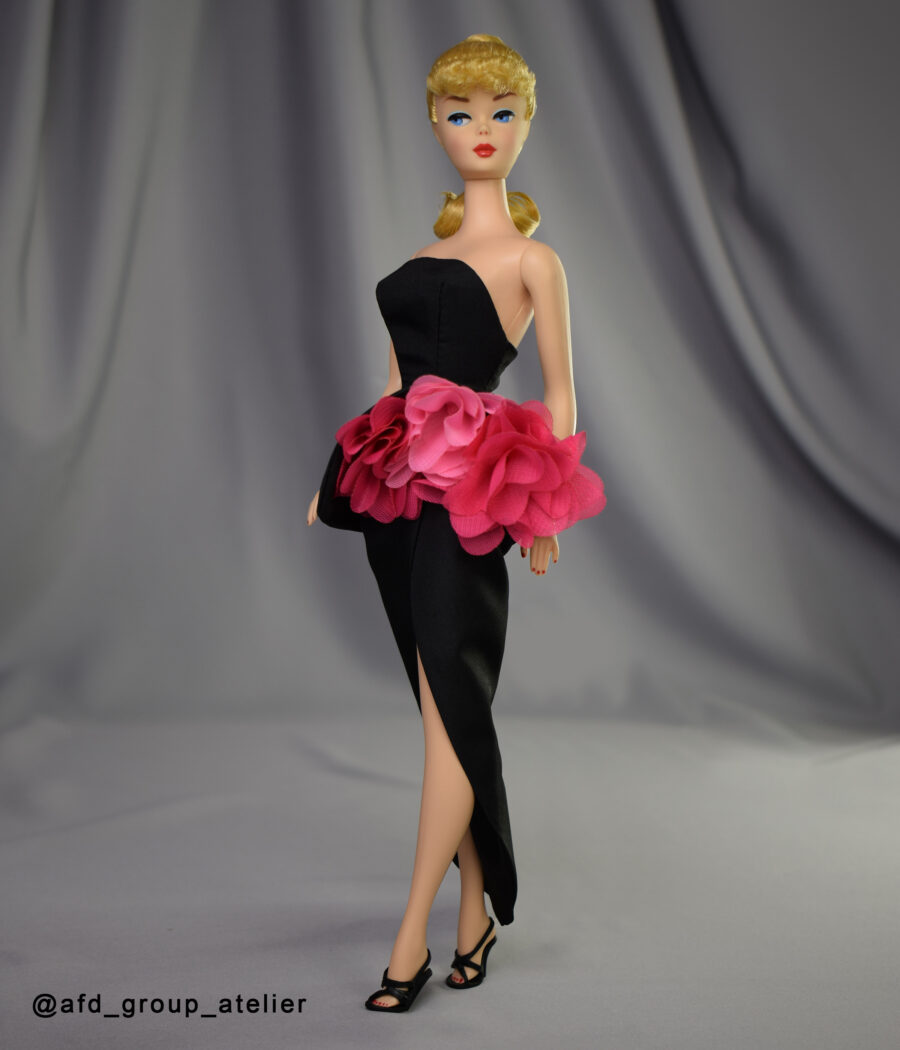 Black Cocktail Dress with Pink Flowers for Ponytail Barbie